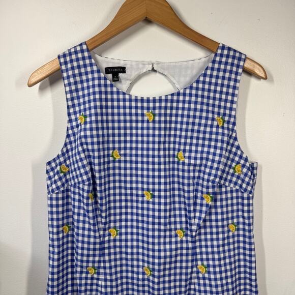 Talbots Dress Women 6 Blue Plaid Gingham Lemon Embroidery 100%Cotton Prep Shift - Picture 3 of 8